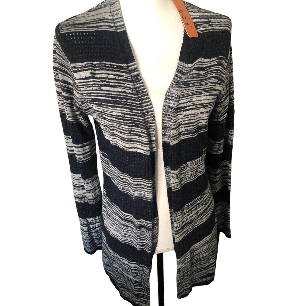 Belldini Women's Open Front Cardigan Sweater Size M Navy White Striped Open Knit
